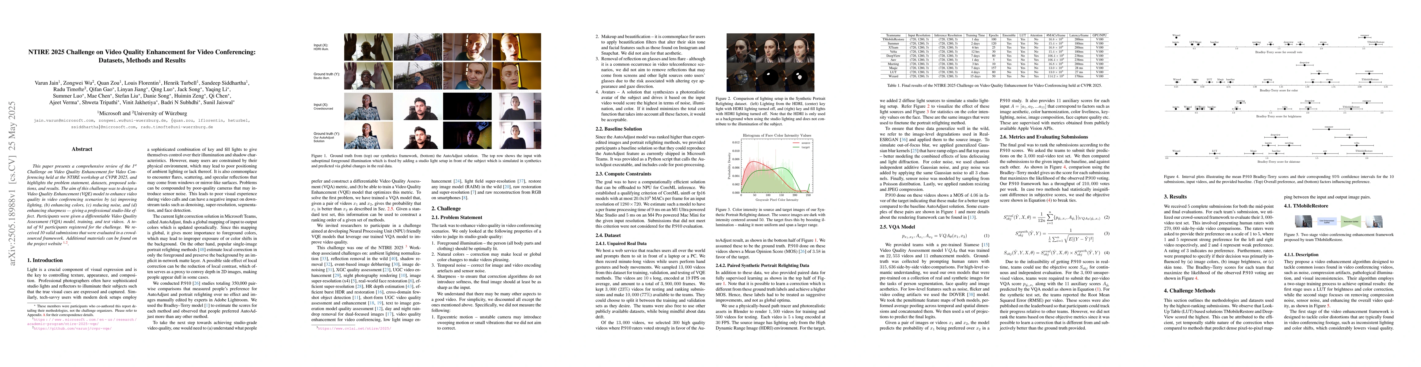 Thumbnail for NTIRE 2025 Challenge on Video Quality Enhancement for Video
  Conferencing: Datasets, Methods and Results