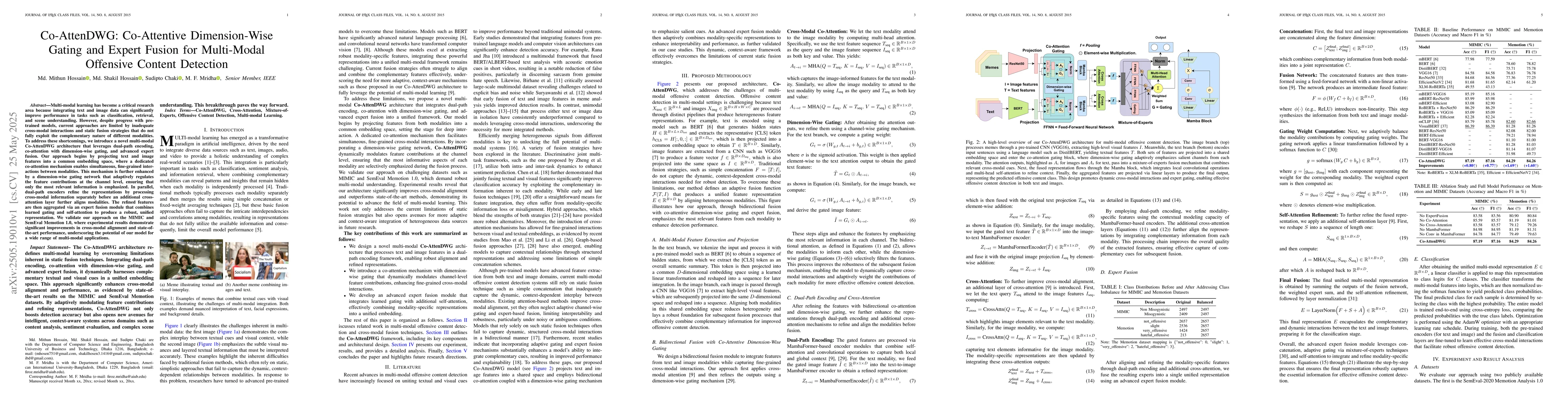 Thumbnail for Co-AttenDWG: Co-Attentive Dimension-Wise Gating and Expert Fusion for
  Multi-Modal Offensive Content Detection