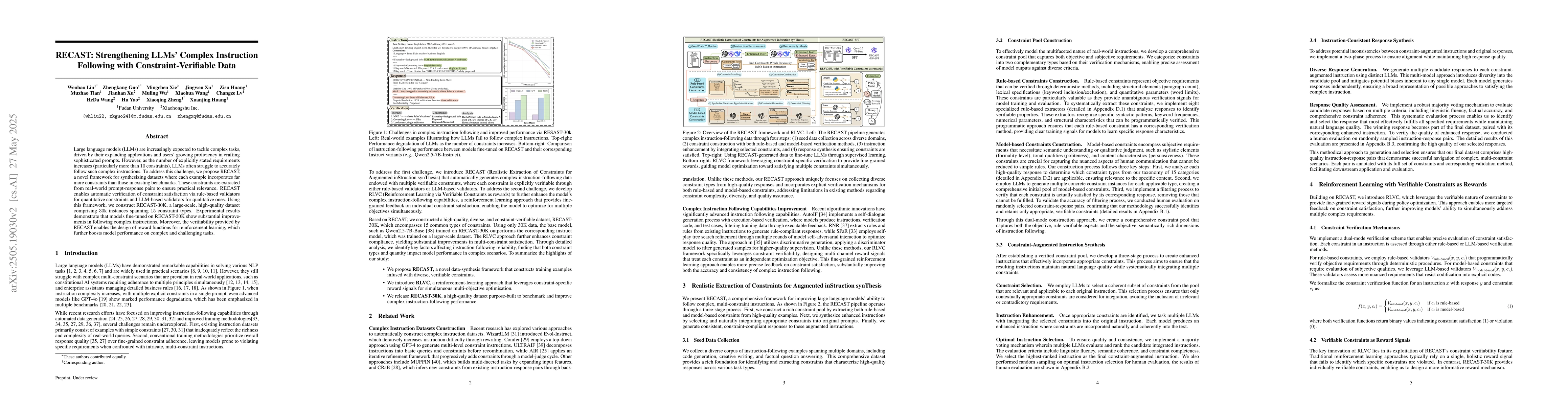 Thumbnail for RECAST: Strengthening LLMs' Complex Instruction Following with
  Constraint-Verifiable Data