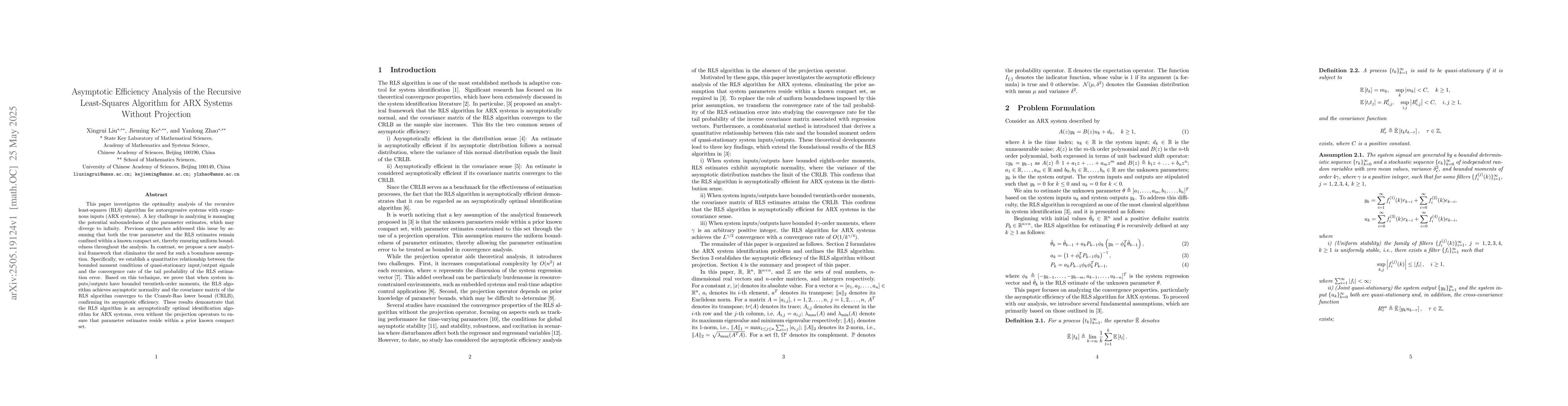Thumbnail for Asymptotic Efficiency Analysis of the Recursive Least-Squares Algorithm
  for ARX Systems Without Projection