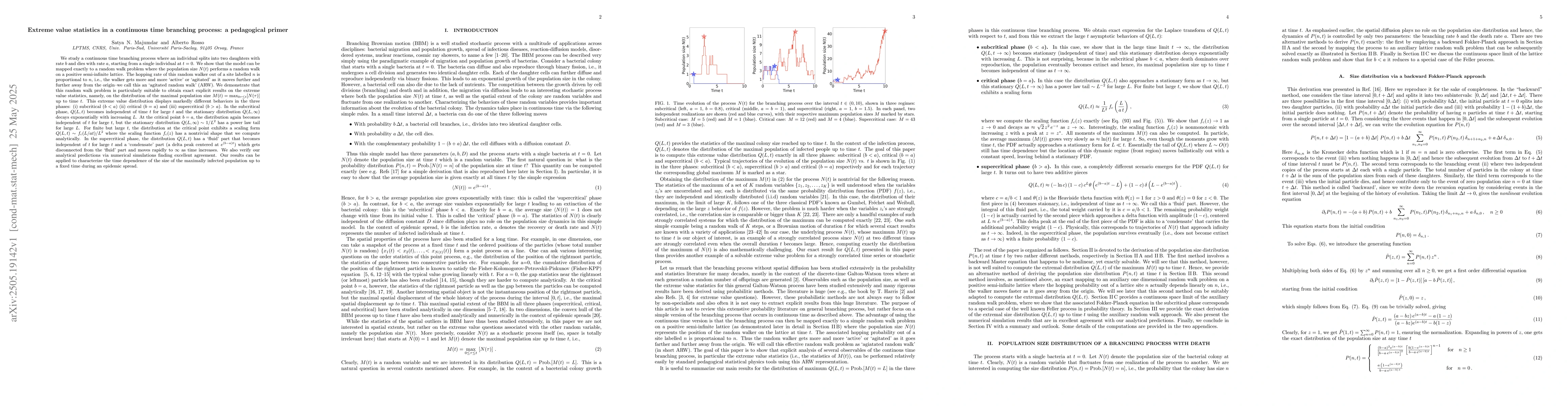 Thumbnail for Extreme value statistics in a continuous time branching process: a
  pedagogical primer
