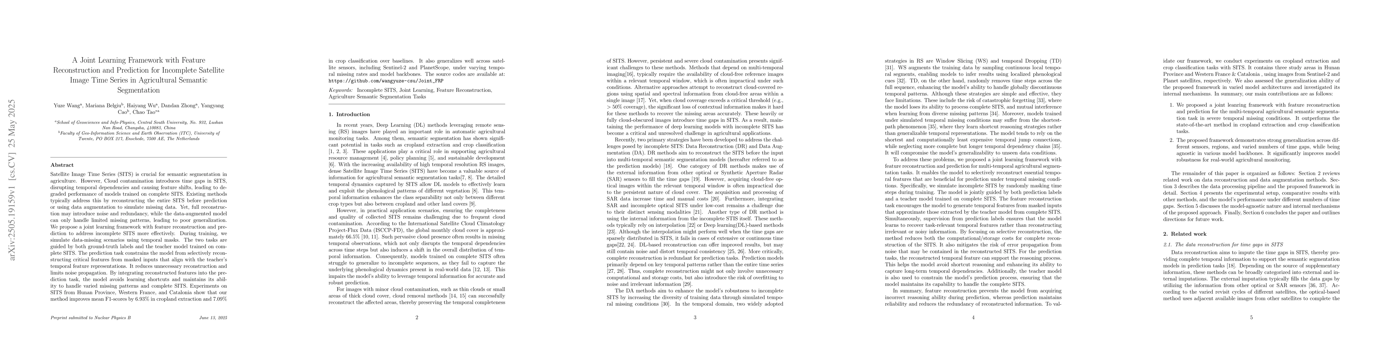 Thumbnail for A Joint Learning Framework with Feature Reconstruction and Prediction
  for Incomplete Satellite Image Time Series in Agricultural Semantic
  Segmentation