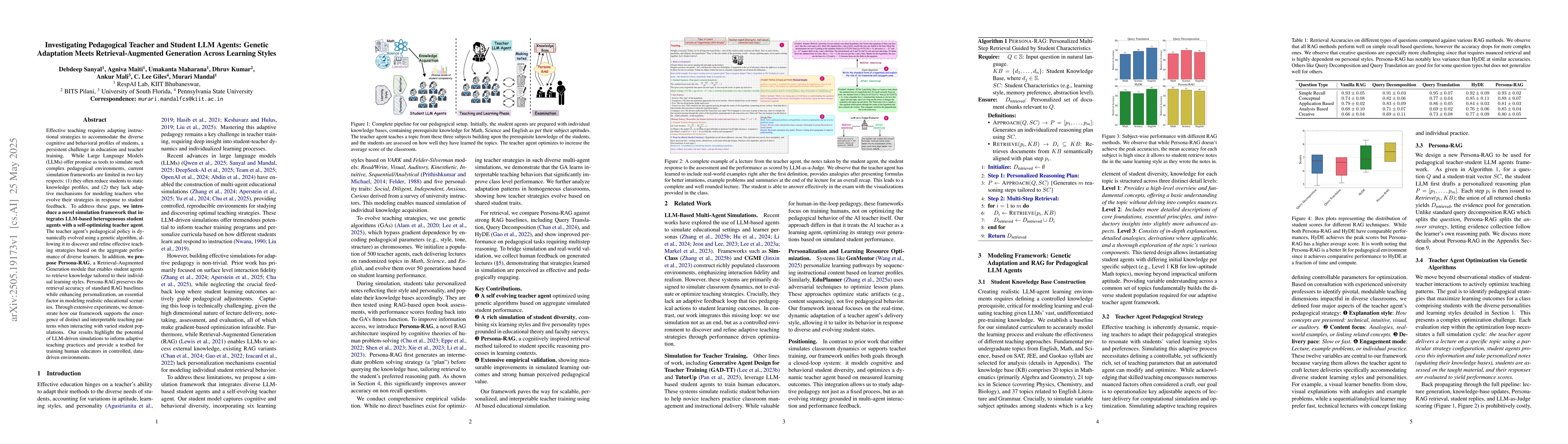 Thumbnail for Investigating Pedagogical Teacher and Student LLM Agents: Genetic
  Adaptation Meets Retrieval Augmented Generation Across Learning Style