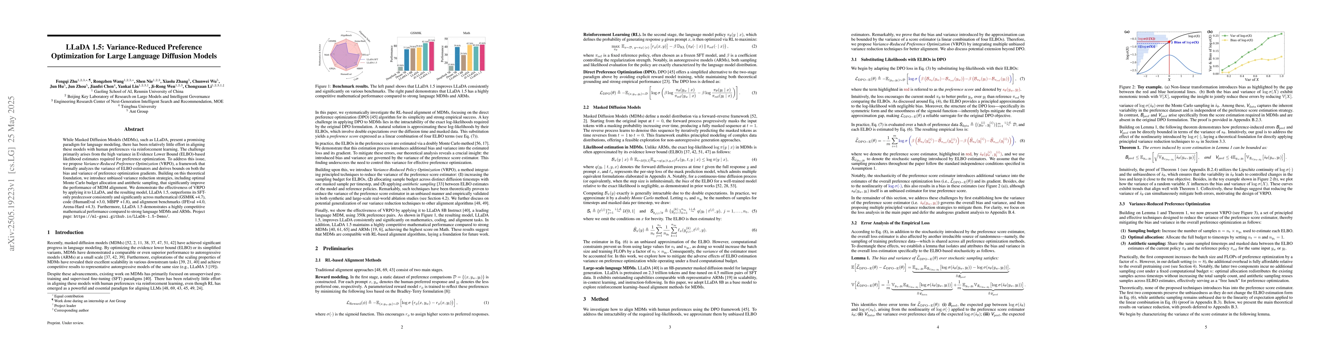 Thumbnail for LLaDA 1.5: Variance-Reduced Preference Optimization for Large Language
  Diffusion Models