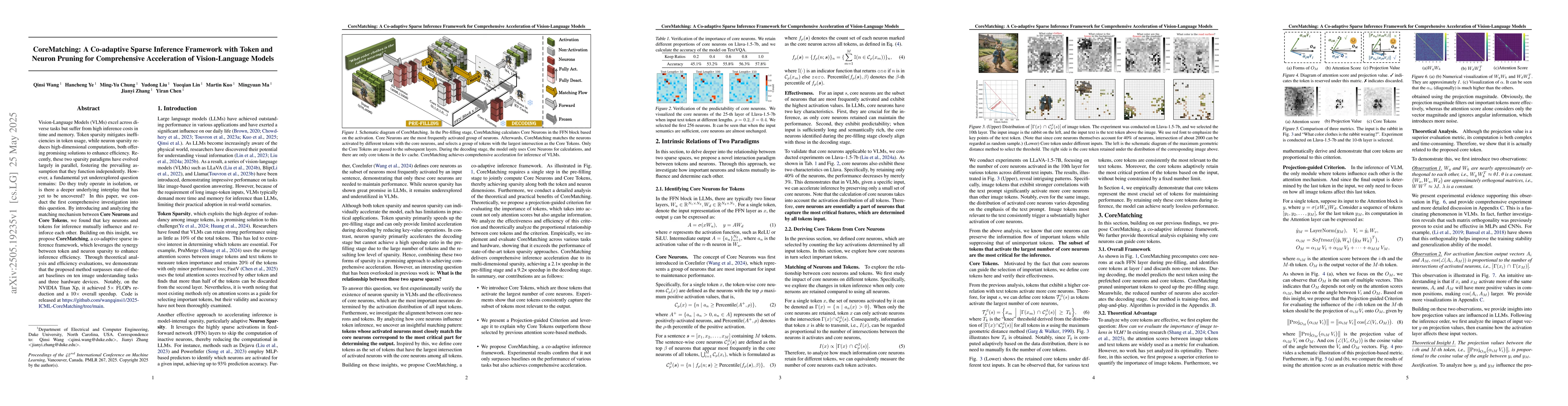 Thumbnail for CoreMatching: A Co-adaptive Sparse Inference Framework with Token and
  Neuron Pruning for Comprehensive Acceleration of Vision-Language Models