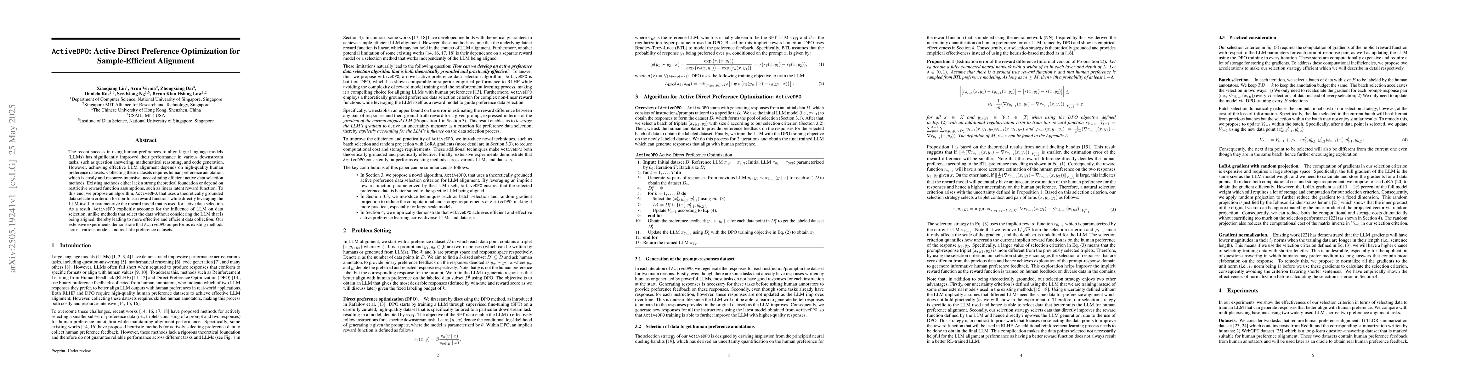 Thumbnail for ActiveDPO: Active Direct Preference Optimization for Sample-Efficient
  Alignment