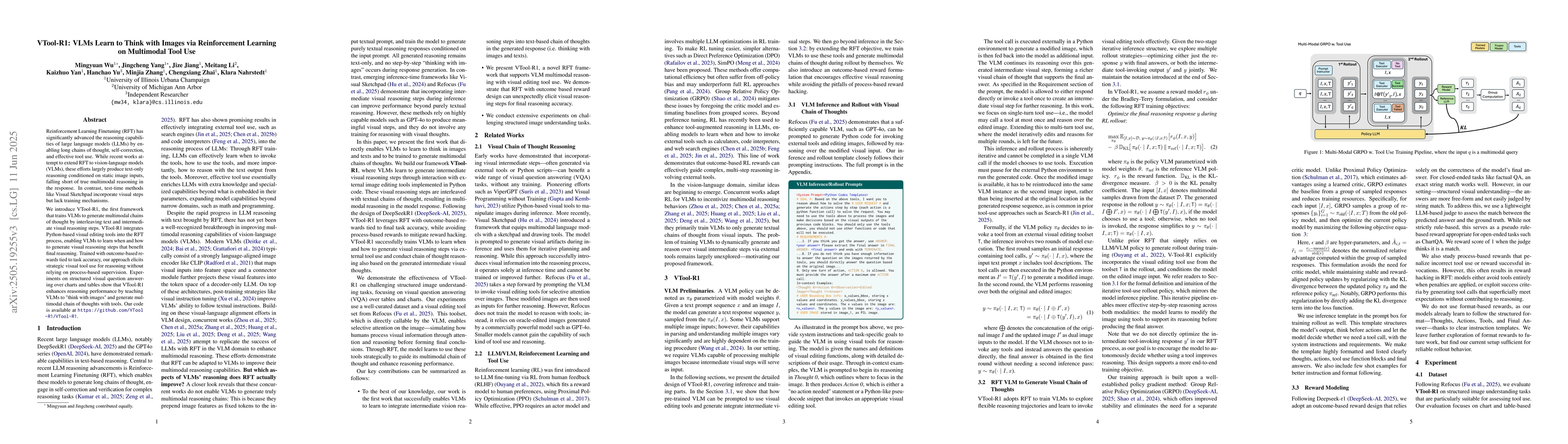 Thumbnail for VTool-R1: VLMs Learn to Think with Images via Reinforcement Learning on
  Multimodal Tool Use