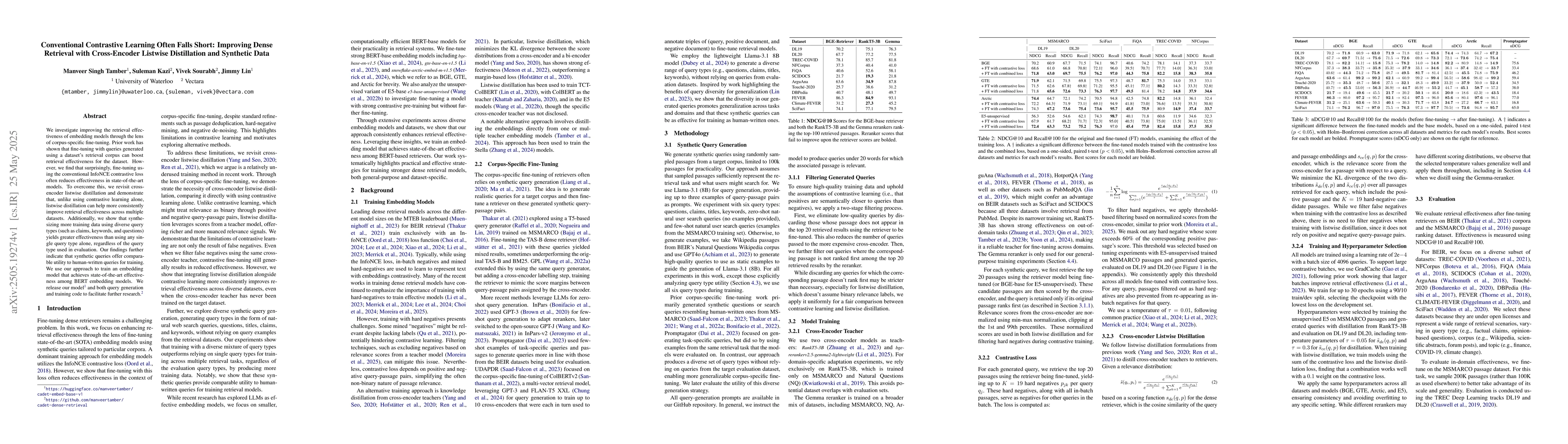 Thumbnail for Conventional Contrastive Learning Often Falls Short: Improving Dense
  Retrieval with Cross-Encoder Listwise Distillation and Synthetic Data