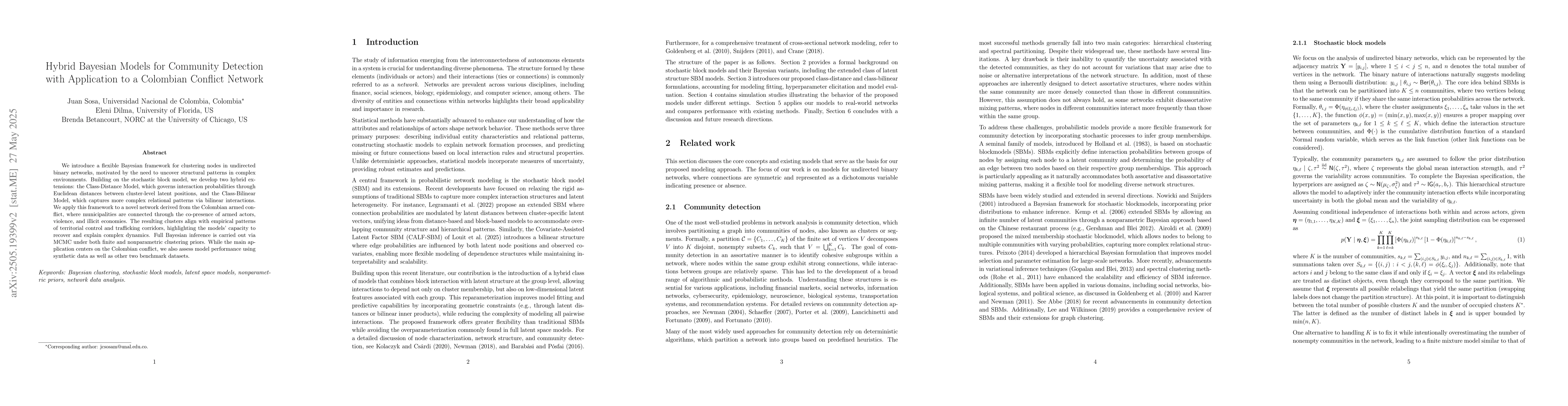 Thumbnail for Hybrid Bayesian Models for Community Detection with Application to a
  Colombian Conflict Network