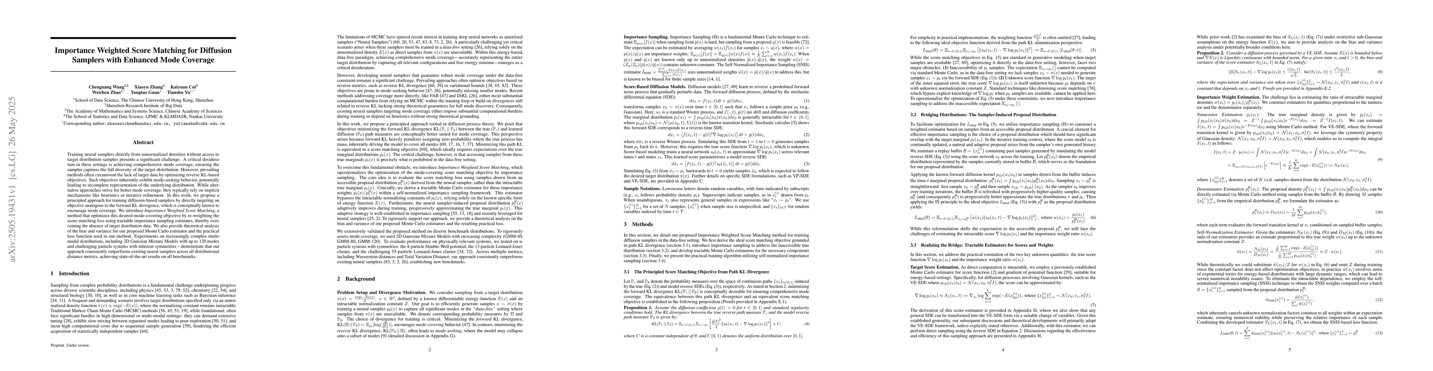 Thumbnail for Importance Weighted Score Matching for Diffusion Samplers with Enhanced
  Mode Coverage