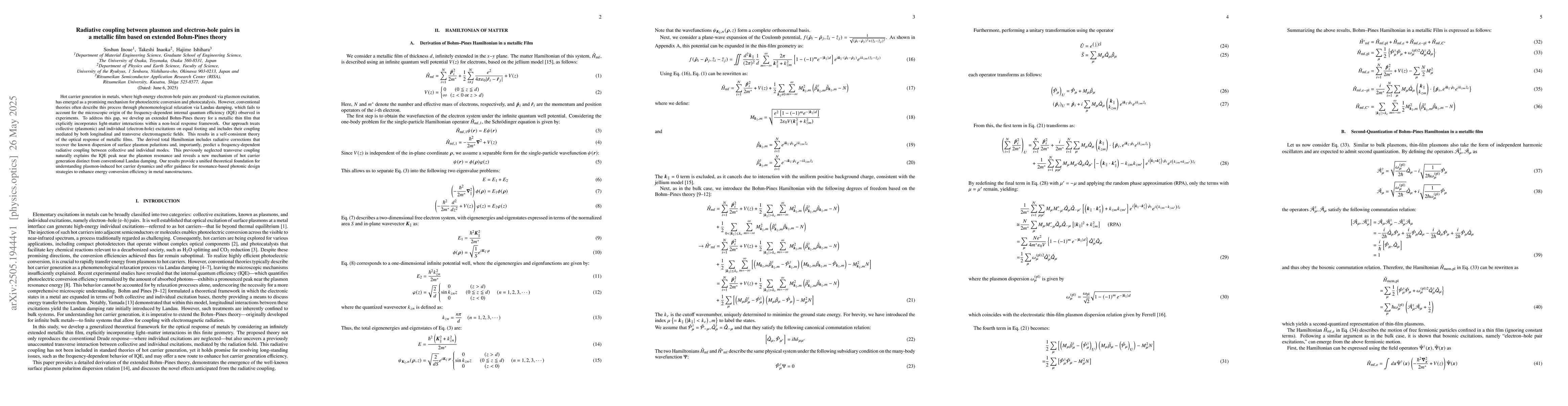 Thumbnail for Radiative coupling between plasmon and electron-hole pairs in a metallic
  film based on extended Bohm-Pines theory