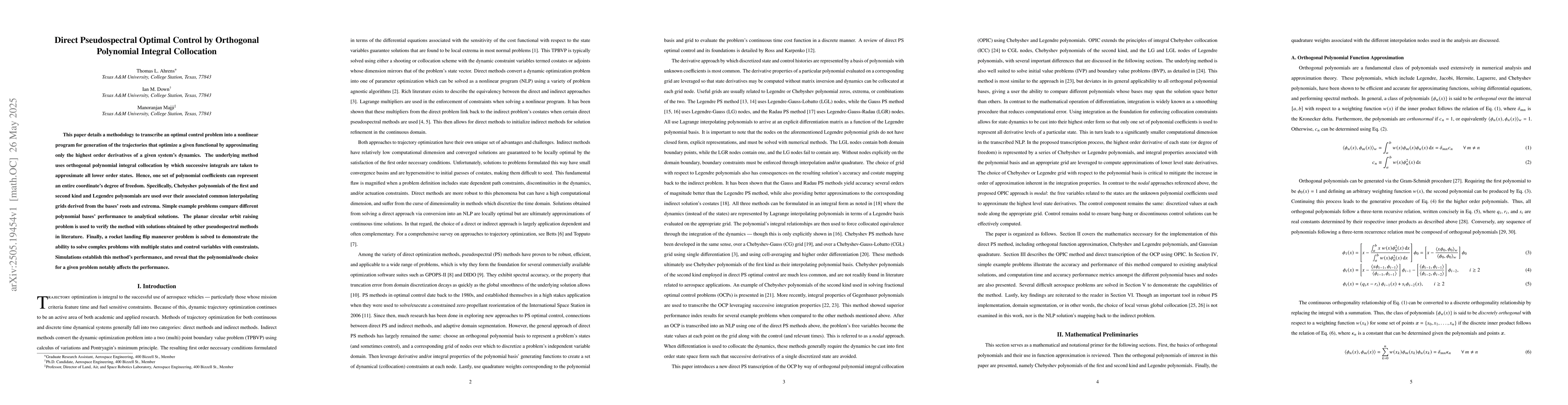 Thumbnail for Direct Pseudospectral Optimal Control by Orthogonal Polynomial Integral
  Collocation