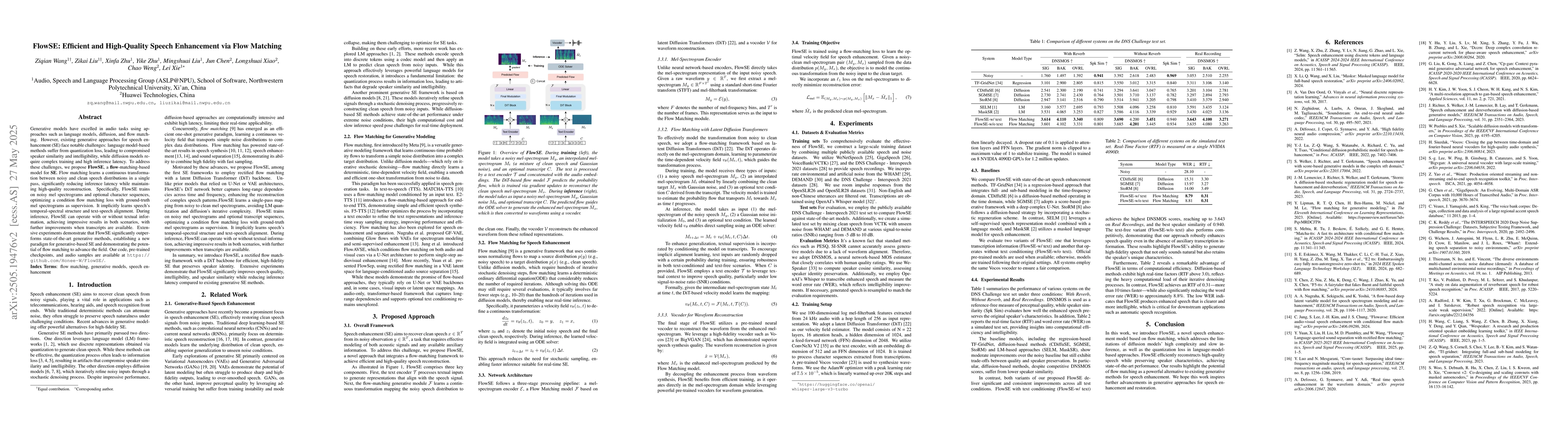 Thumbnail for FlowSE: Efficient and High-Quality Speech Enhancement via Flow Matching