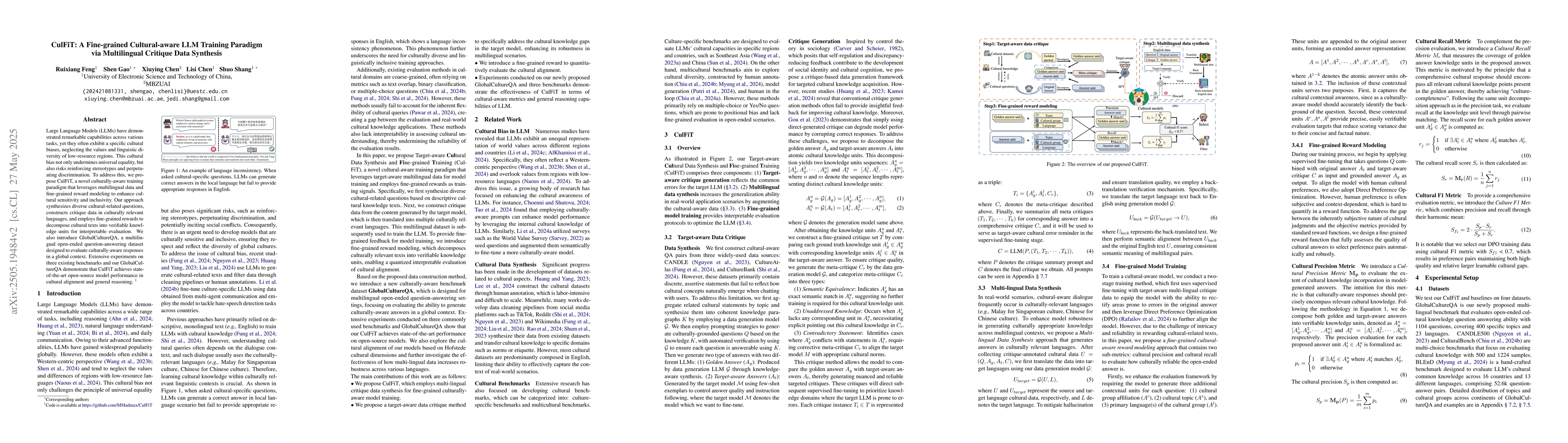 Thumbnail for CulFiT: A Fine-grained Cultural-aware LLM Training Paradigm via
  Multilingual Critique Data Synthesis