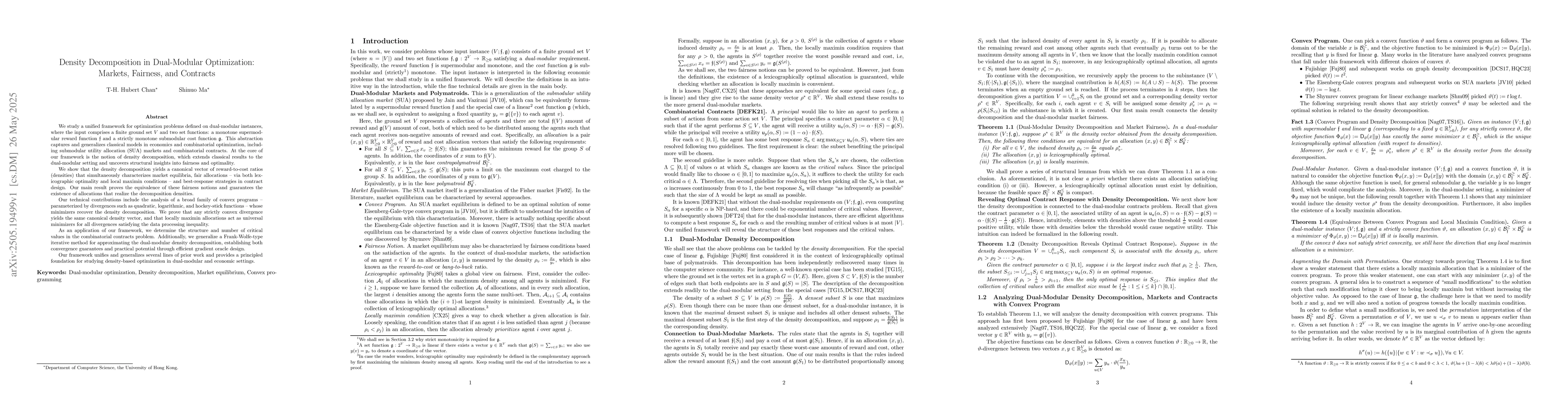 Thumbnail for Density Decomposition in Dual-Modular Optimization: Markets, Fairness,
  and Contracts