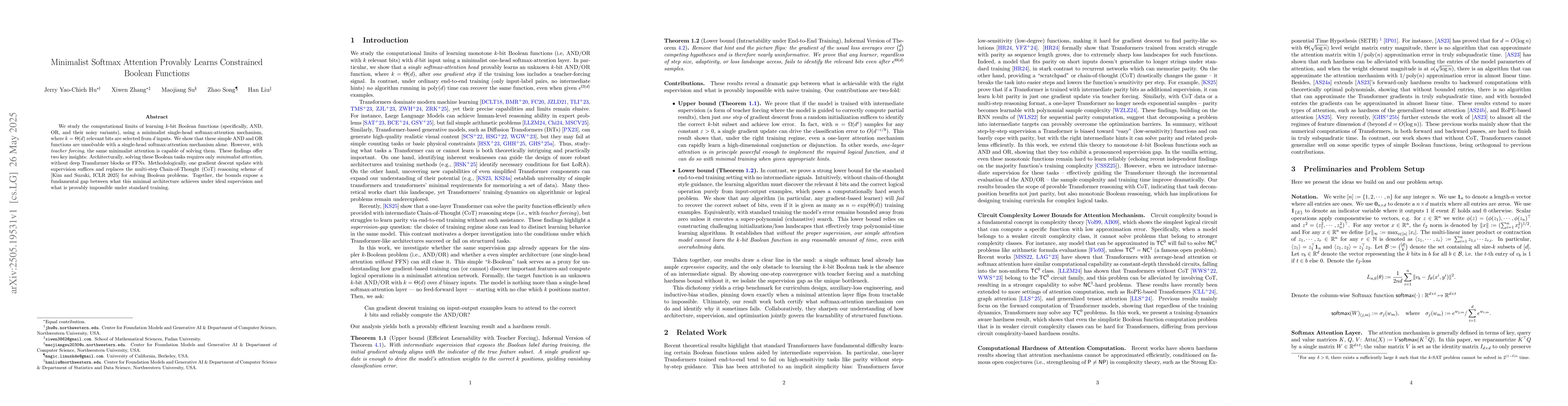 Thumbnail for Minimalist Softmax Attention Provably Learns Constrained Boolean
  Functions