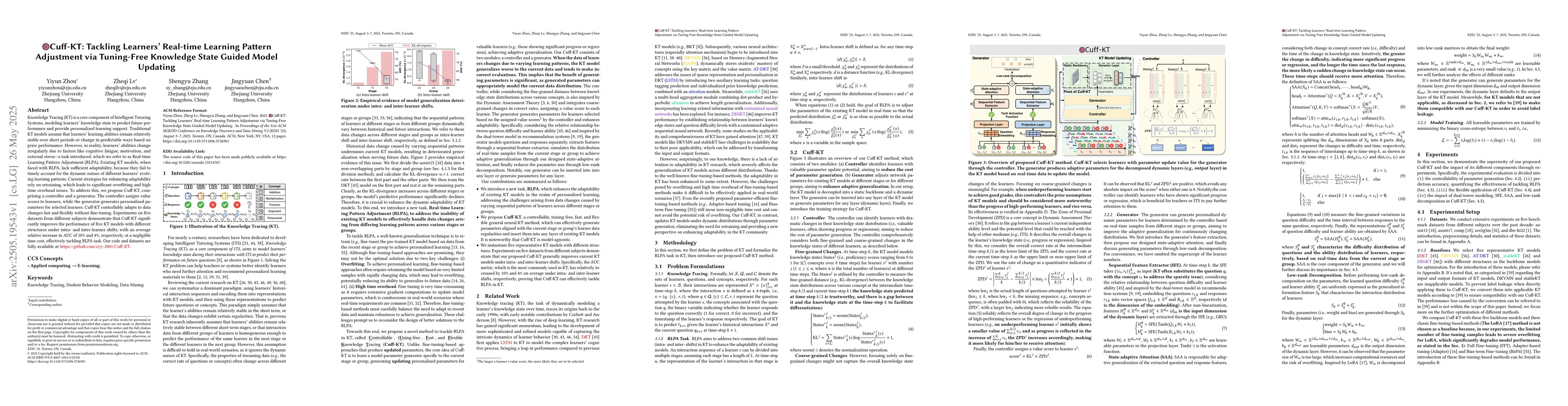 Thumbnail for Cuff-KT: Tackling Learners' Real-time Learning Pattern Adjustment via
  Tuning-Free Knowledge State Guided Model Updating