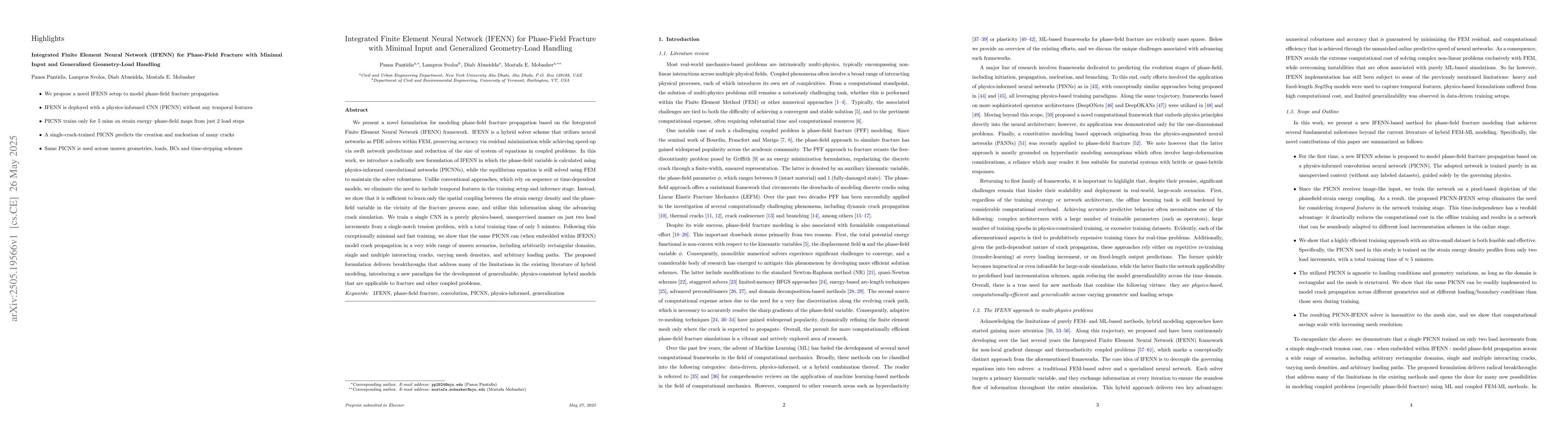 Thumbnail for Integrated Finite Element Neural Network (IFENN) for Phase-Field
  Fracture with Minimal Input and Generalized Geometry-Load Handling