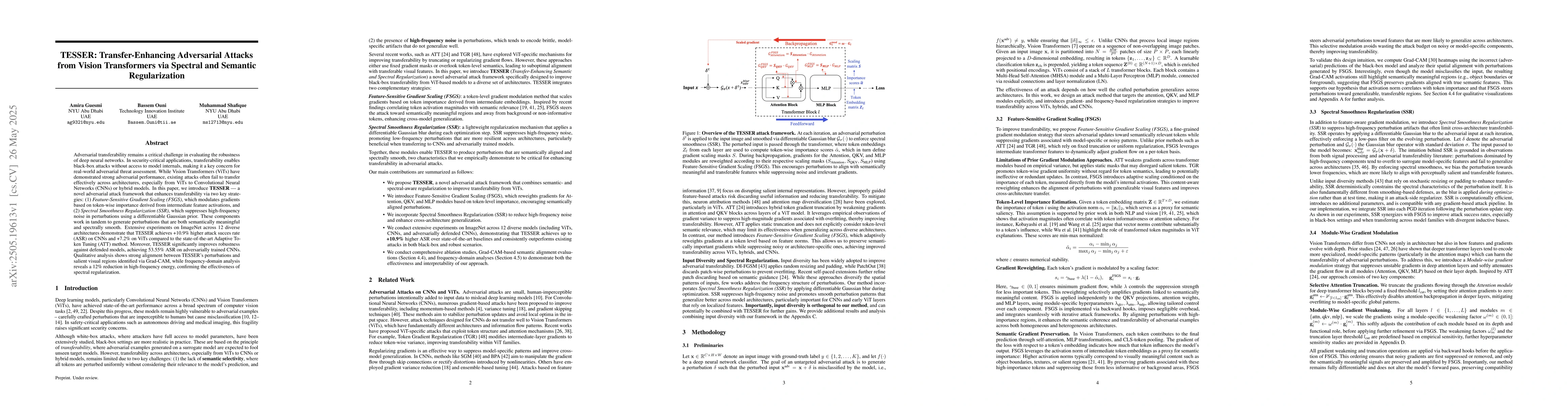 Thumbnail for TESSER: Transfer-Enhancing Adversarial Attacks from Vision Transformers
  via Spectral and Semantic Regularization