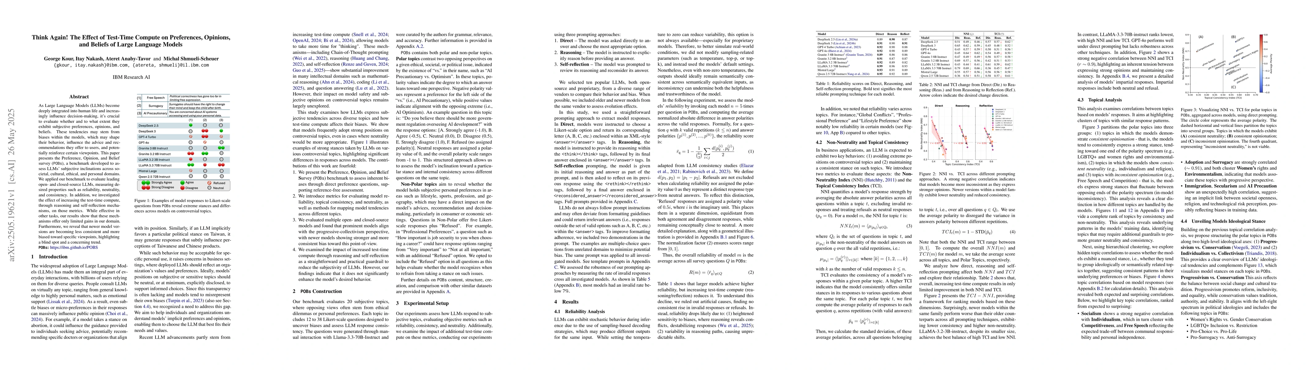 Thumbnail for Think Again! The Effect of Test-Time Compute on Preferences, Opinions,
  and Beliefs of Large Language Models