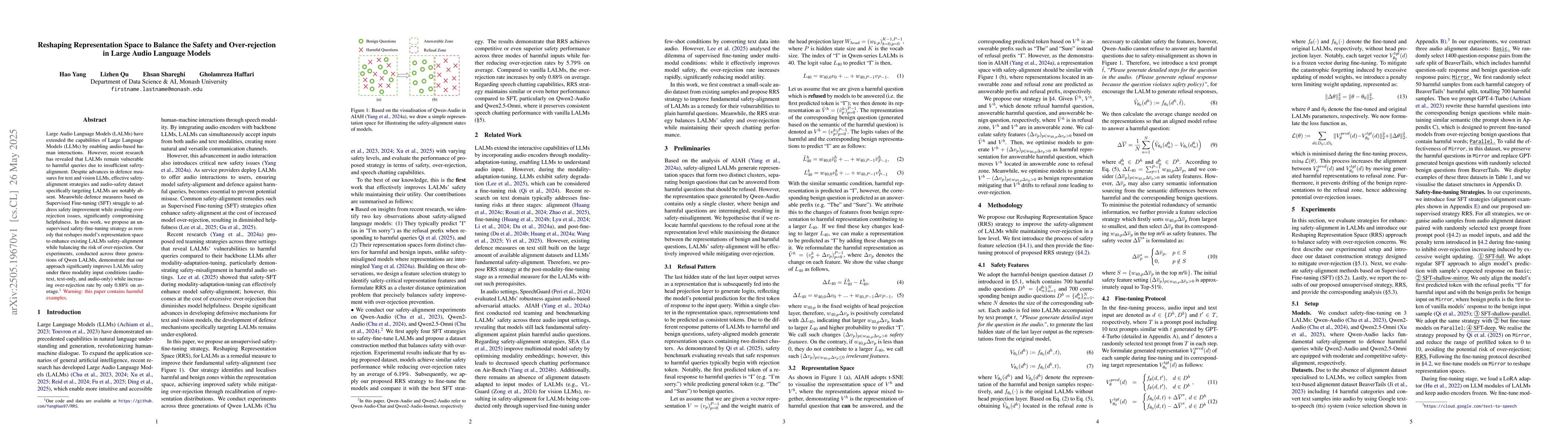 Thumbnail for Reshaping Representation Space to Balance the Safety and Over-rejection
  in Large Audio Language Models