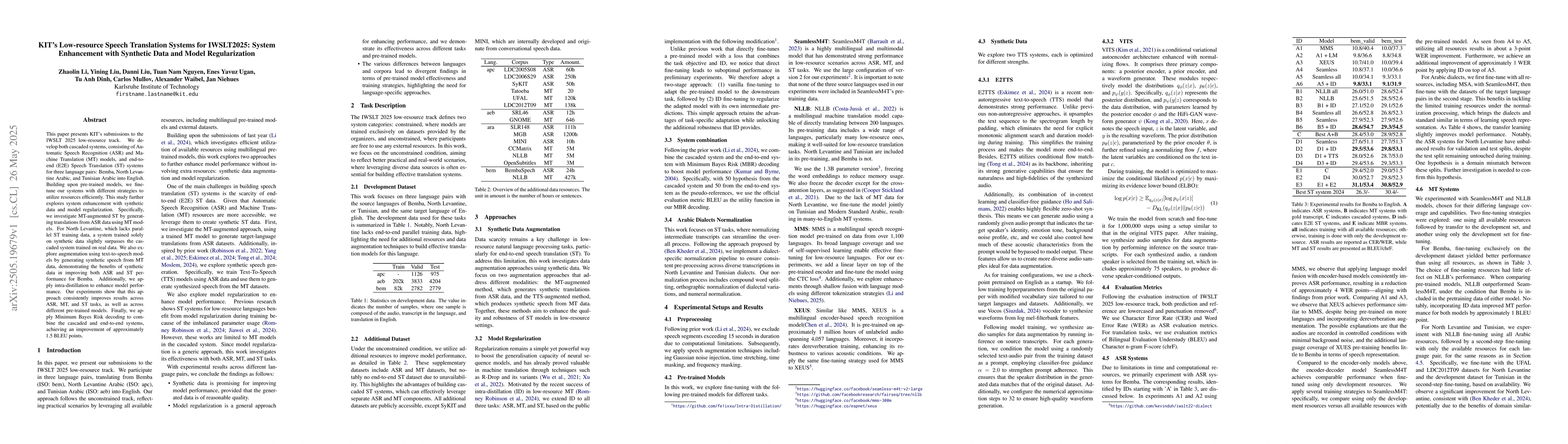Thumbnail for KIT's Low-resource Speech Translation Systems for IWSLT2025: System
  Enhancement with Synthetic Data and Model Regularization