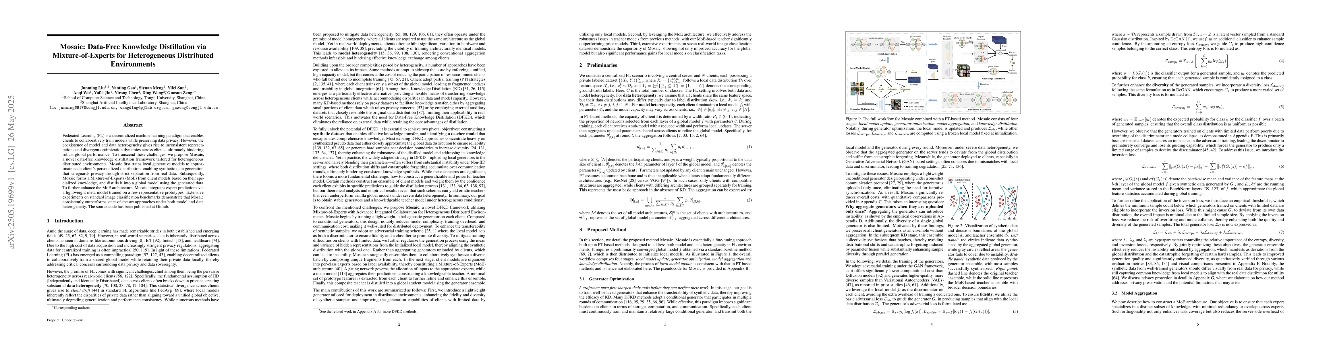Thumbnail for Mosaic: Data-Free Knowledge Distillation via Mixture-of-Experts for
  Heterogeneous Distributed Environments