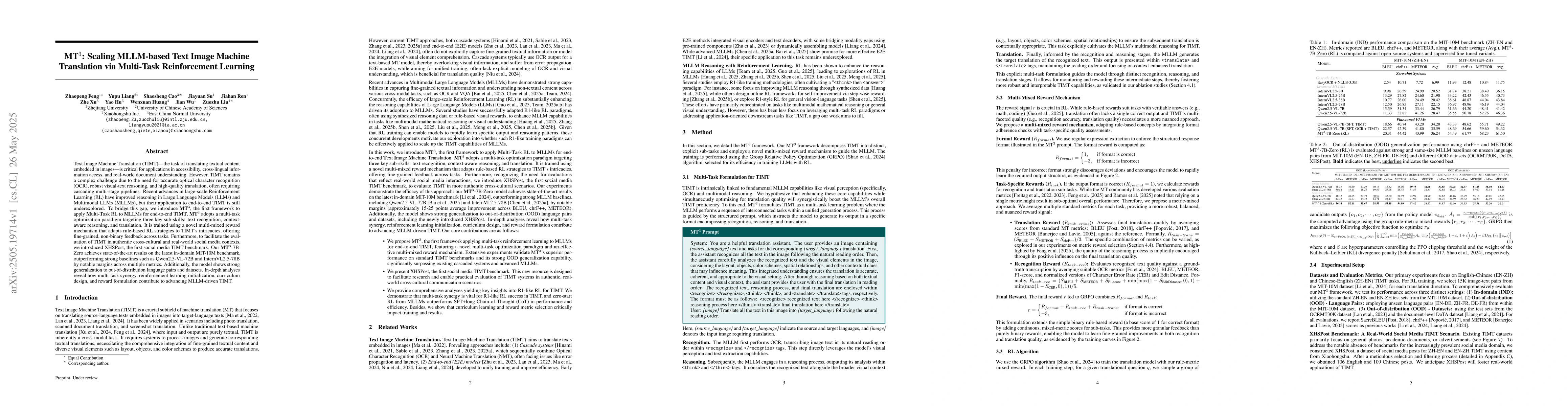 Thumbnail for MT$^{3}$: Scaling MLLM-based Text Image Machine Translation via
  Multi-Task Reinforcement Learning