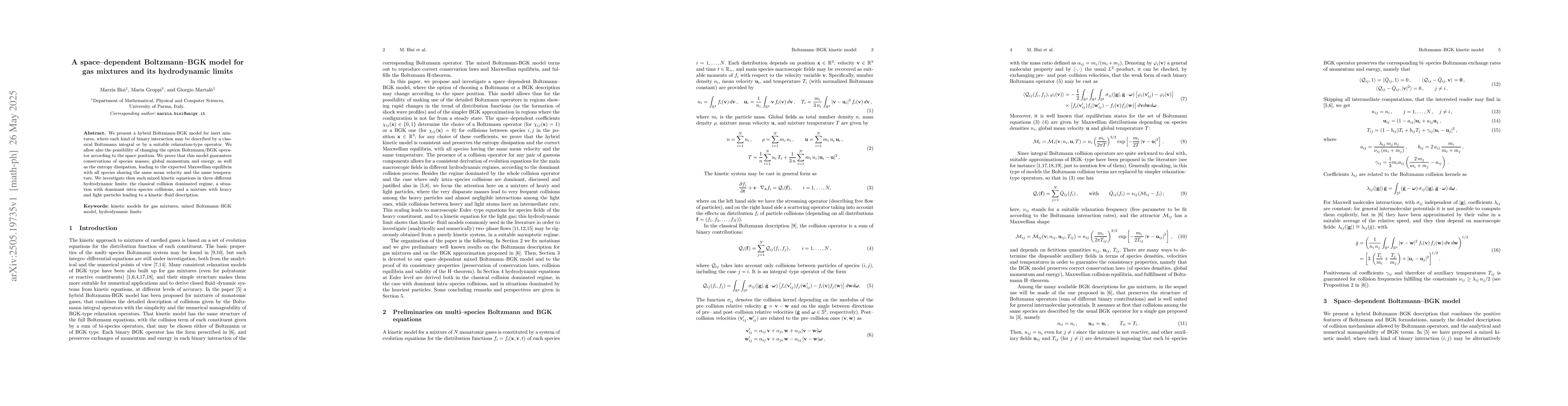 Thumbnail for A space-dependent Boltzmann-BGK model for gas mixtures and its
  hydrodynamic limits
