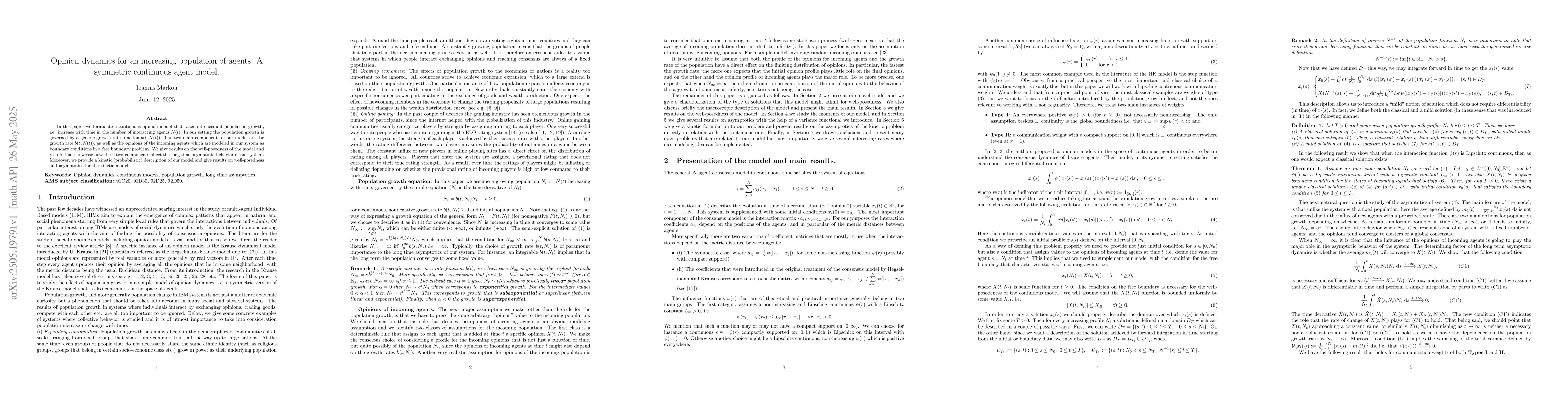 Thumbnail for Opinion dynamics for an increasing population of agents. A symmetric
  continuous agent model
