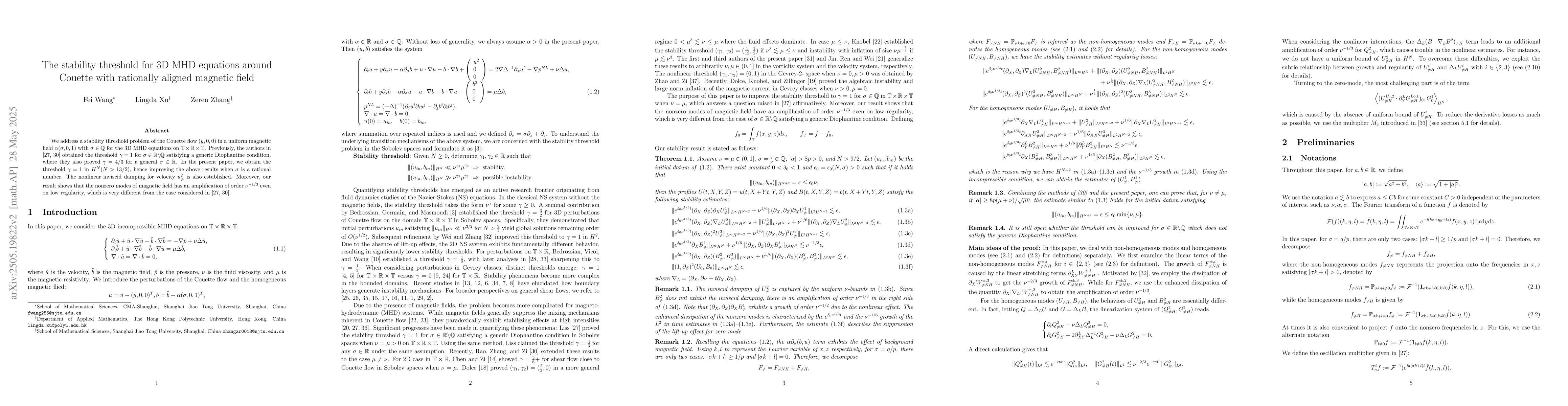 Thumbnail for The stability threshold for 3D MHD equations around Couette with
  rationally aligned magnetic field
