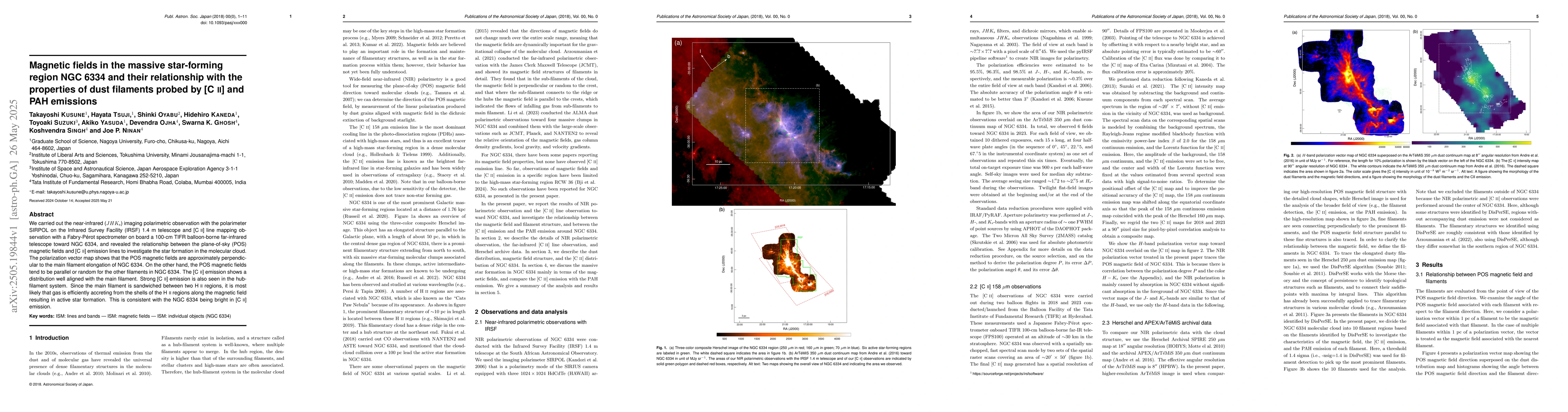Thumbnail for Magnetic fields in the massive star-forming region NGC 6334 and their
  relationship with the properties of dust filaments probed by [CII] and PAH
  emissions