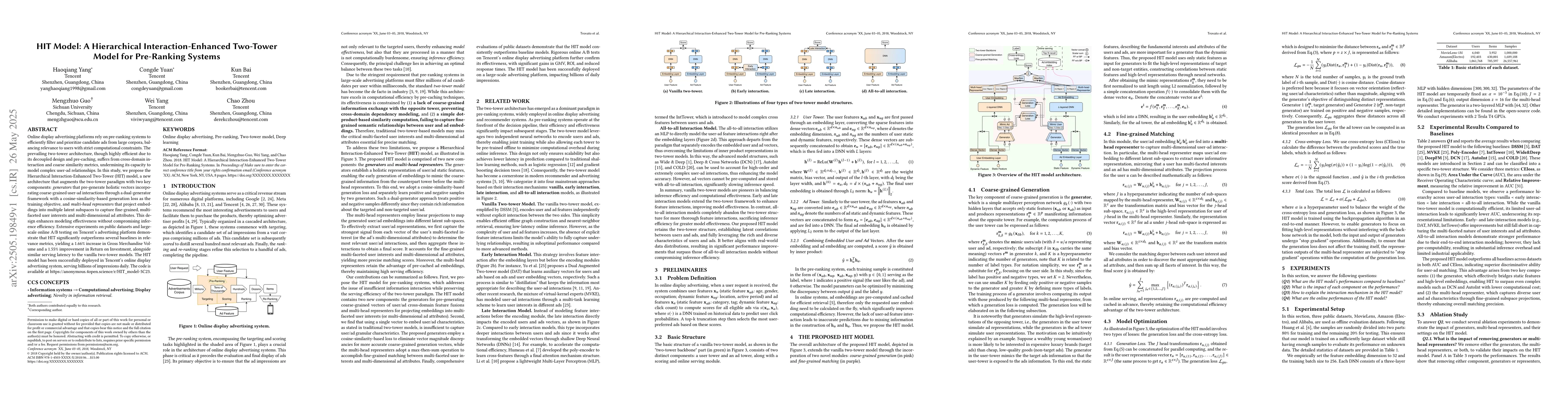 Thumbnail for HIT Model: A Hierarchical Interaction-Enhanced Two-Tower Model for
  Pre-Ranking Systems