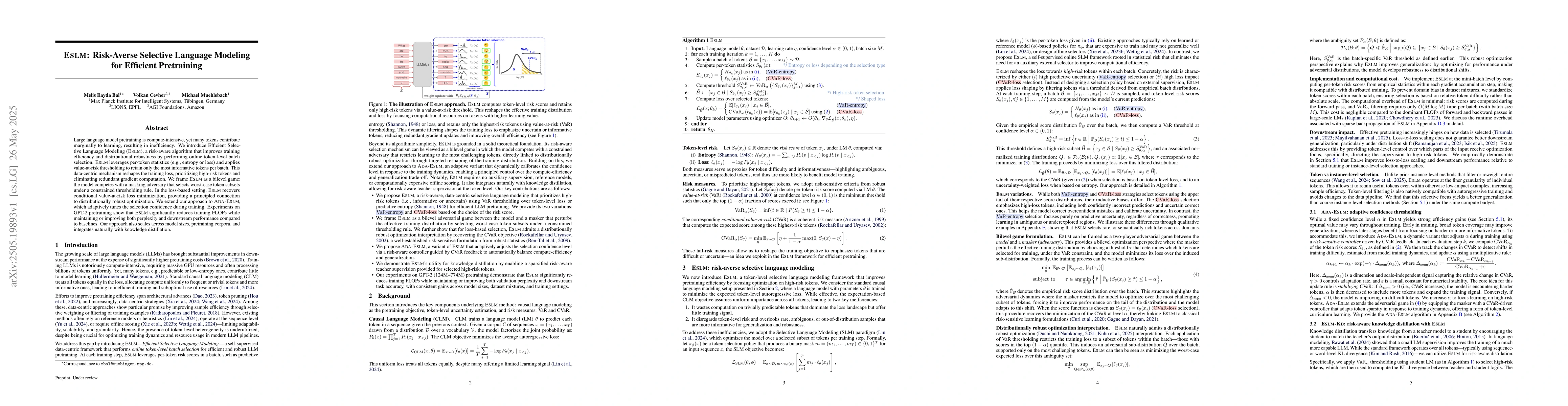 Thumbnail for ESLM: Risk-Averse Selective Language Modeling for Efficient Pretraining