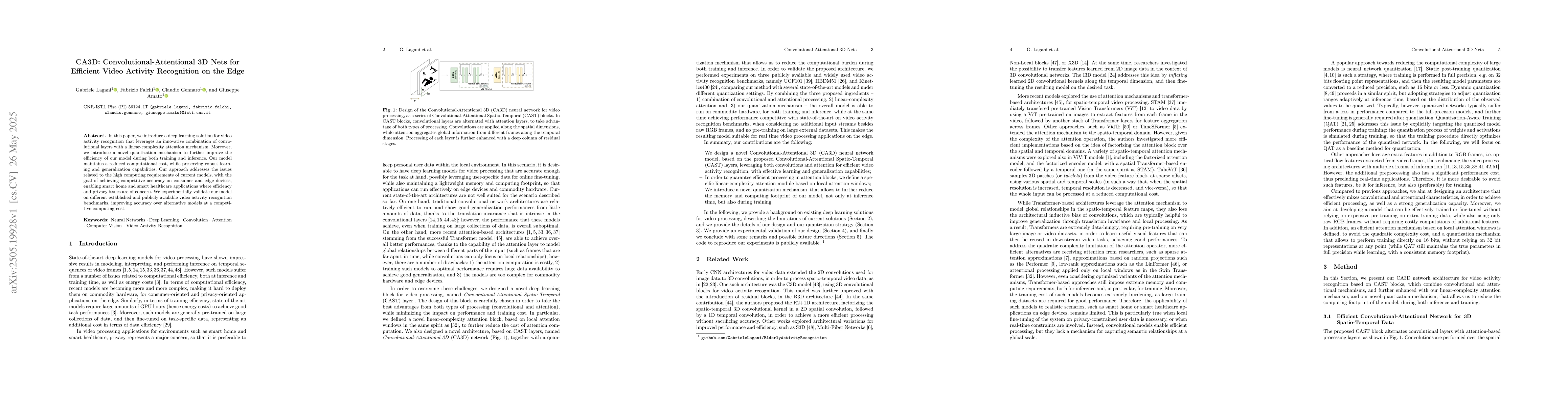 Thumbnail for CA3D: Convolutional-Attentional 3D Nets for Efficient Video Activity
  Recognition on the Edge