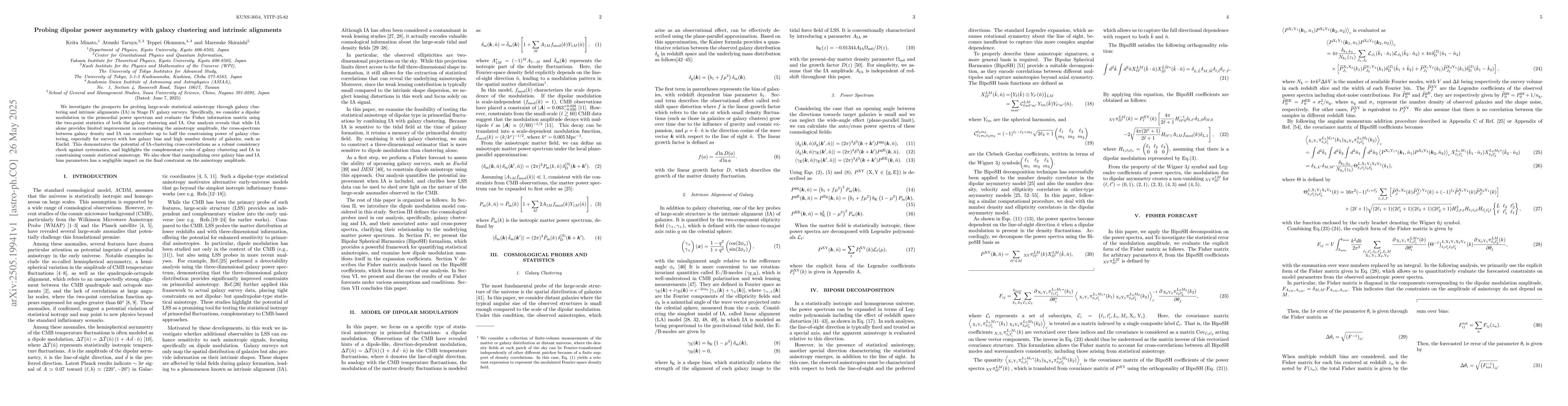 Thumbnail for Probing dipolar power asymmetry with galaxy clustering and intrinsic
  alignments