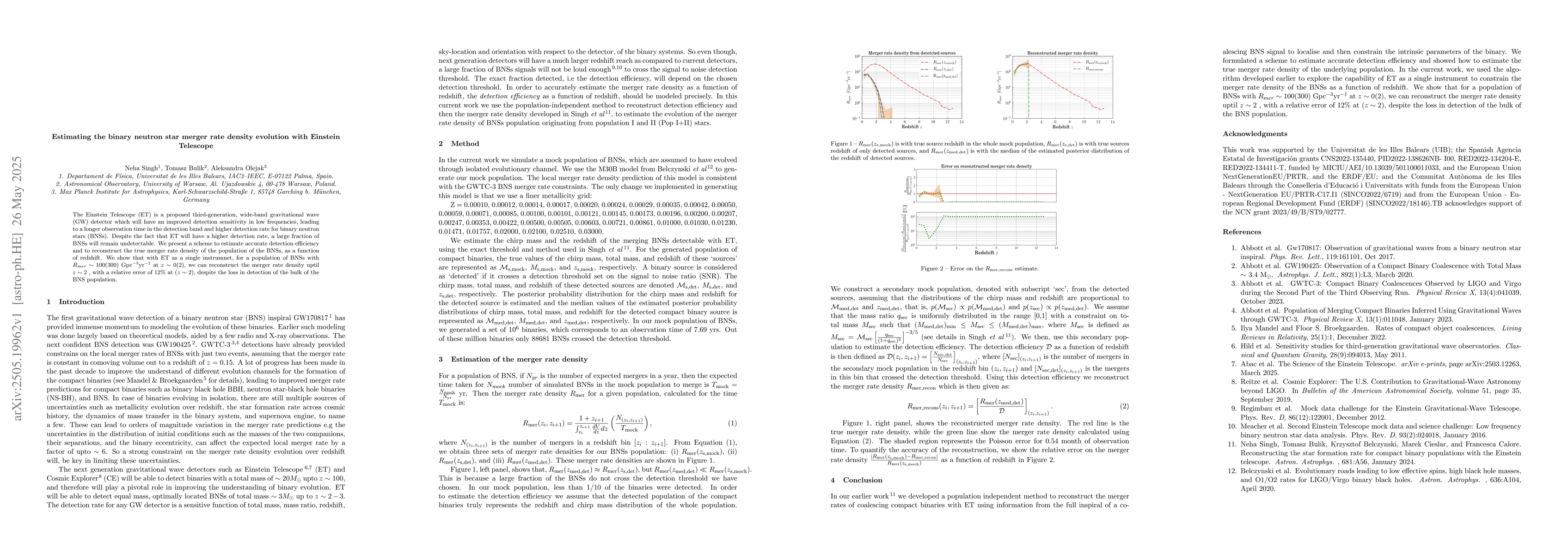 Thumbnail for Estimating the binary neutron star merger rate density evolution with
  Einstein Telescope