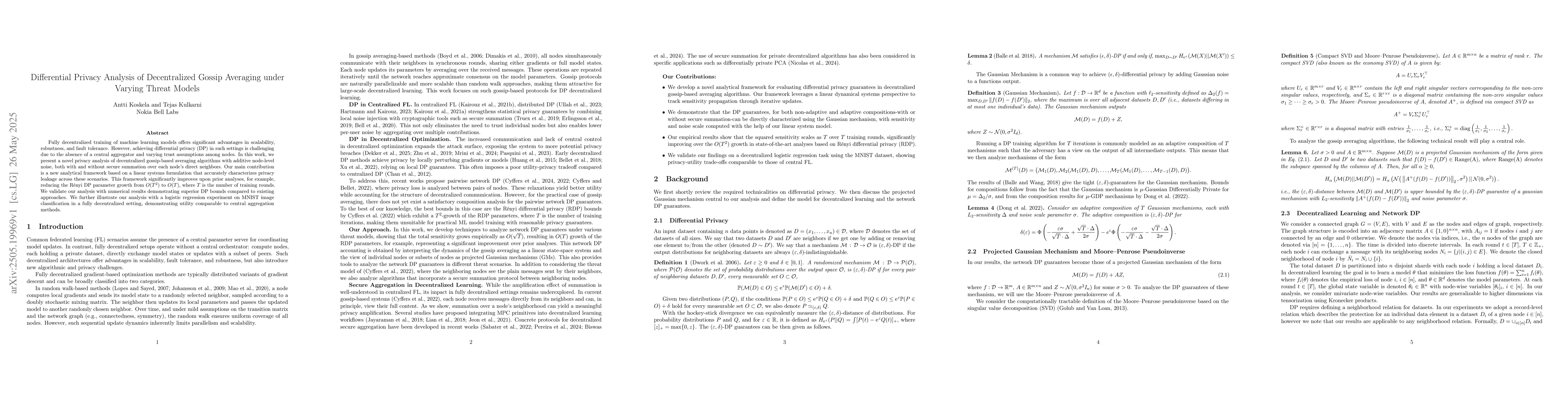 Thumbnail for Differential Privacy Analysis of Decentralized Gossip Averaging under
  Varying Threat Models