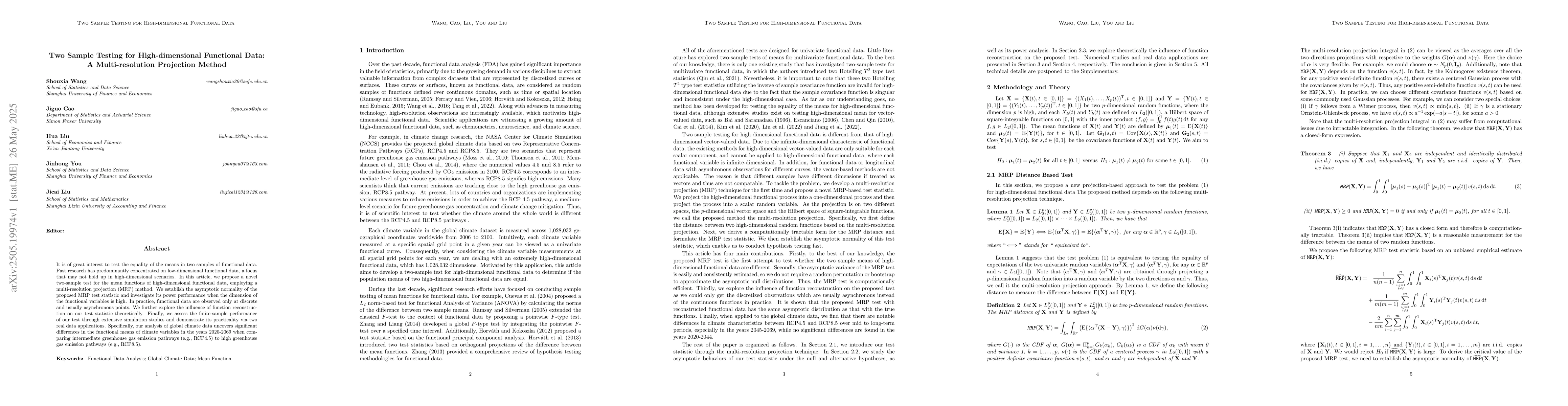 Thumbnail for Two Sample Testing for High-dimensional Functional Data: A
  Multi-resolution Projection Method