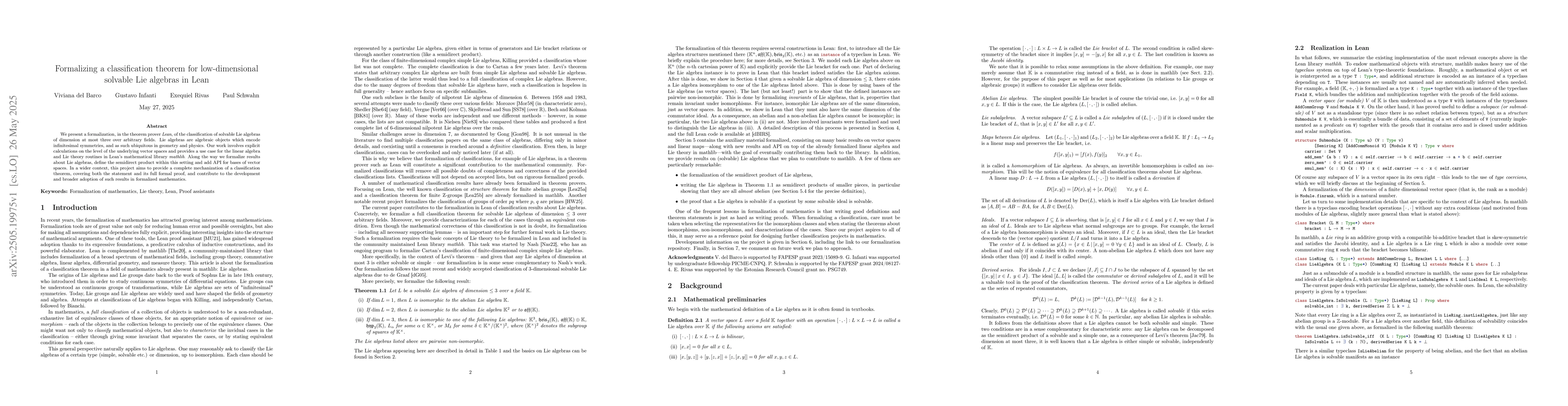 Thumbnail for Formalizing a classification theorem for low-dimensional solvable Lie
  algebras in Lean