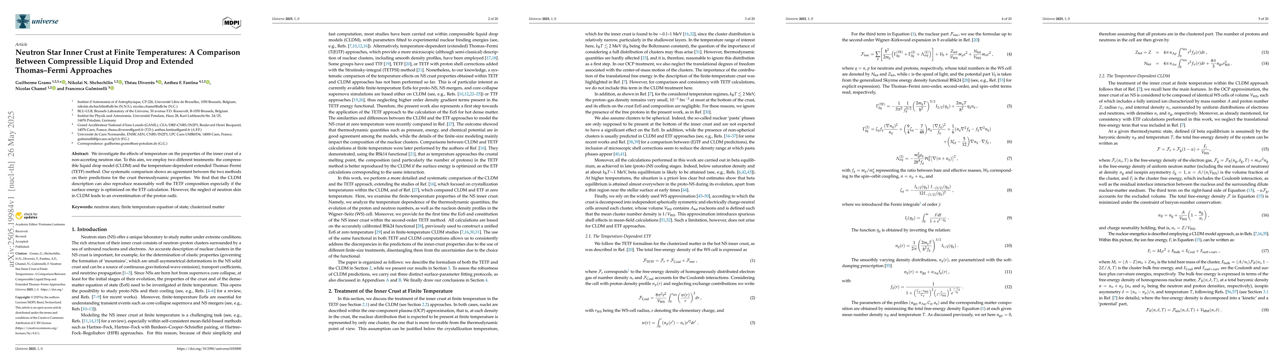 Thumbnail for Neutron Star Inner Crust at Finite Temperatures: A Comparison Between
  Compressible Liquid Drop and Extended Thomas-Fermi Approaches
