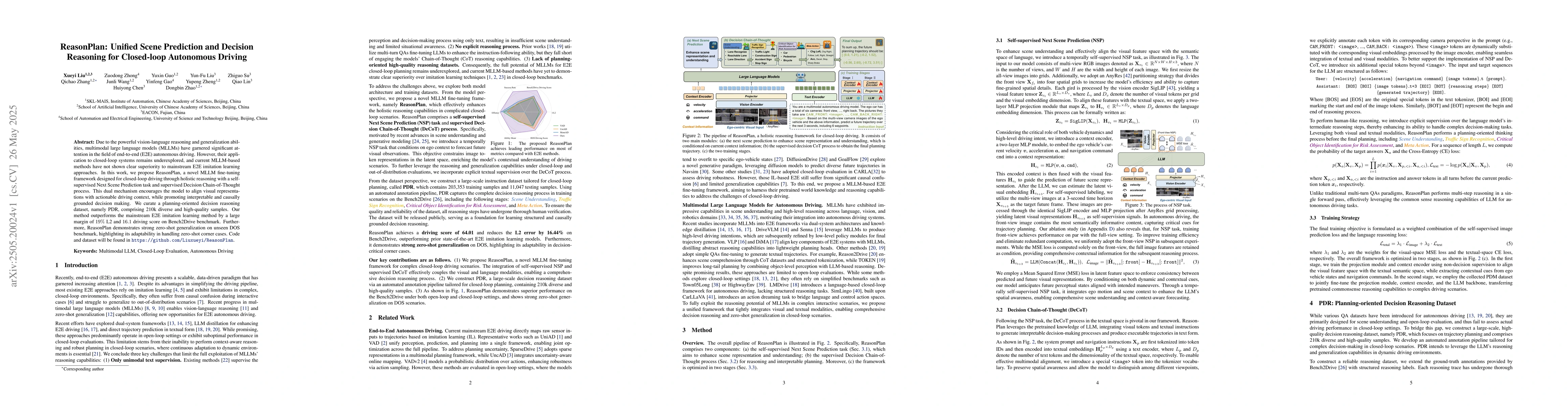 Thumbnail for ReasonPlan: Unified Scene Prediction and Decision Reasoning for
  Closed-loop Autonomous Driving