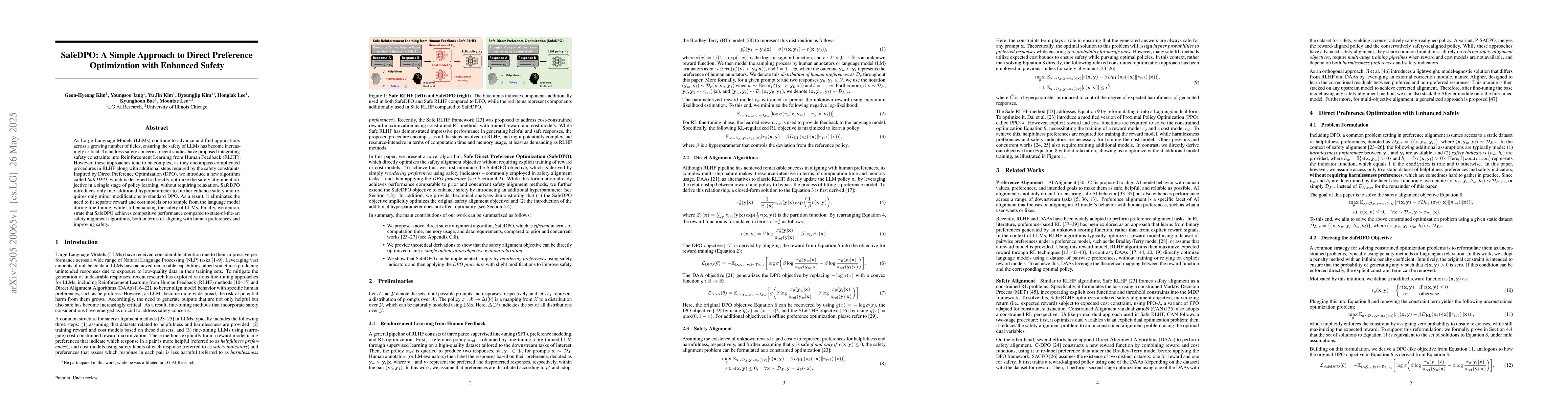 Thumbnail for SafeDPO: A Simple Approach to Direct Preference Optimization with
  Enhanced Safety