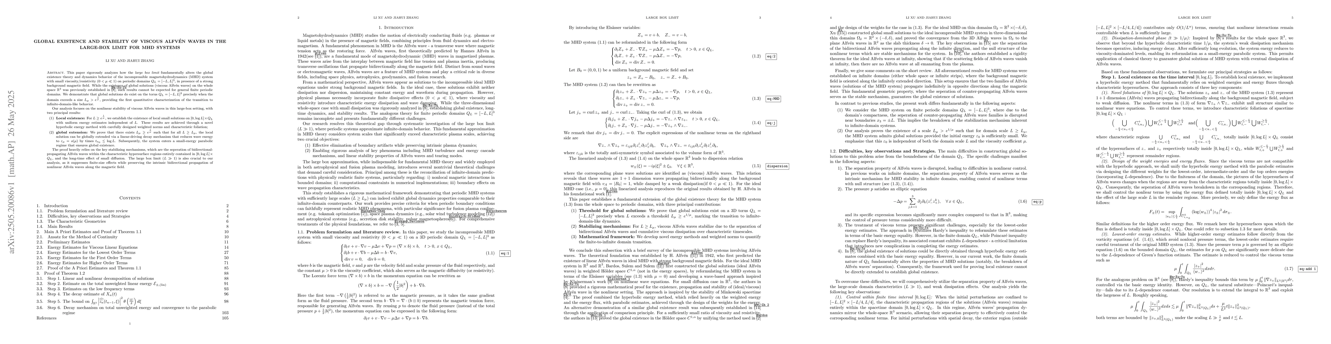 Thumbnail for Global existence and stability of viscous Alfvén waves in the
  large-box limit for MHD systems