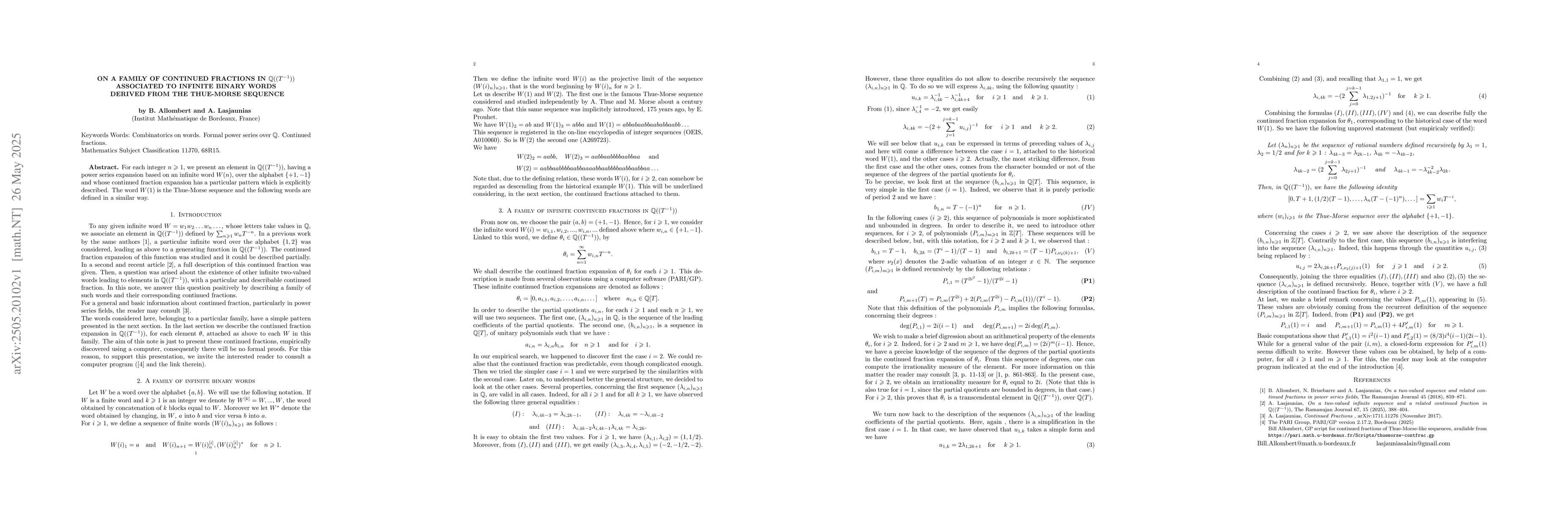 Thumbnail for On a family of continued fractions in $Q((T^1))$ associated to infinite
  binary words derived from the Thue-Morse sequence