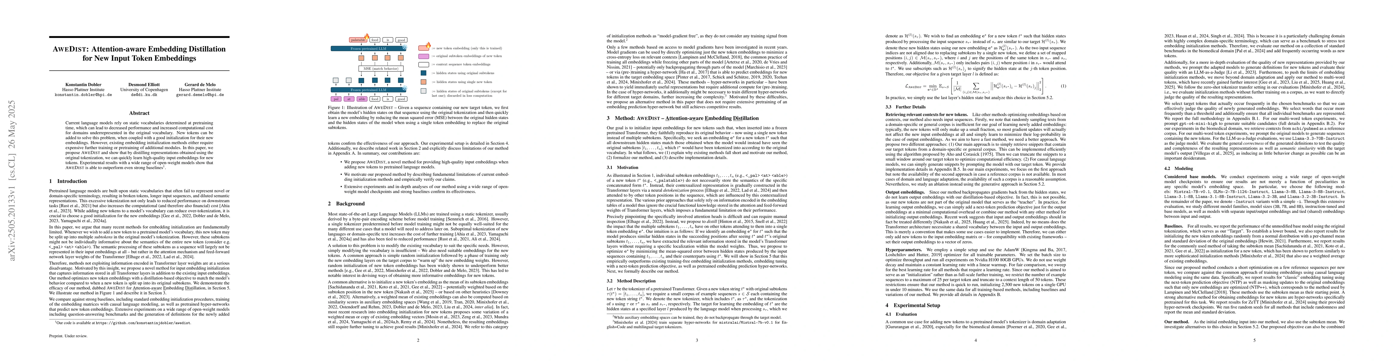 Thumbnail for AweDist: Attention-aware Embedding Distillation for New Input Token
  Embeddings