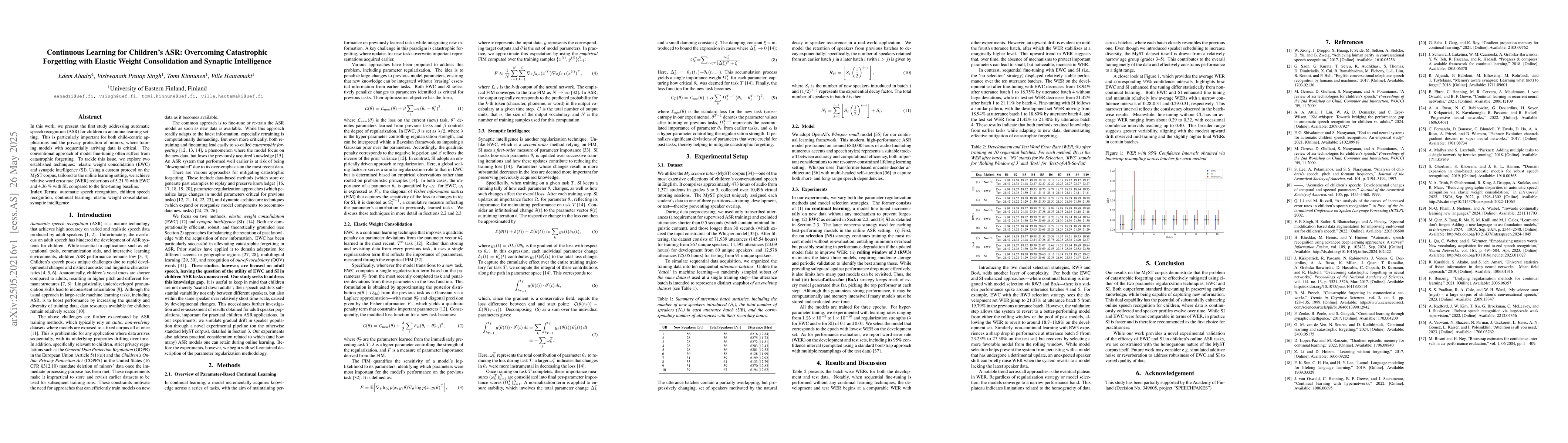 Thumbnail for Continuous Learning for Children's ASR: Overcoming Catastrophic
  Forgetting with Elastic Weight Consolidation and Synaptic Intelligence