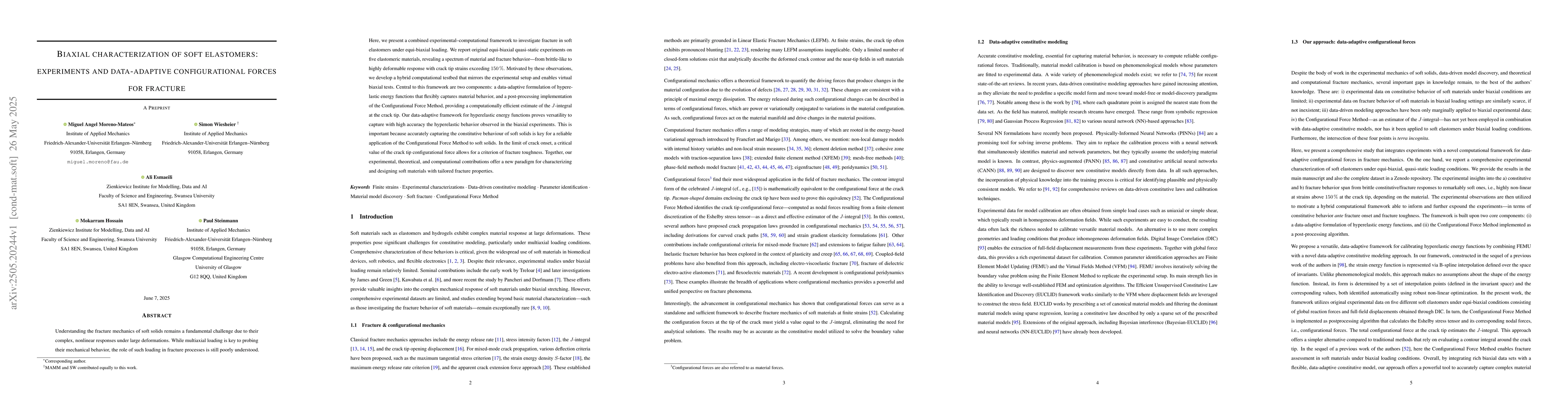 Thumbnail for Biaxial characterization of soft elastomers: experiments and
  data-adaptive configurational forces for fracture