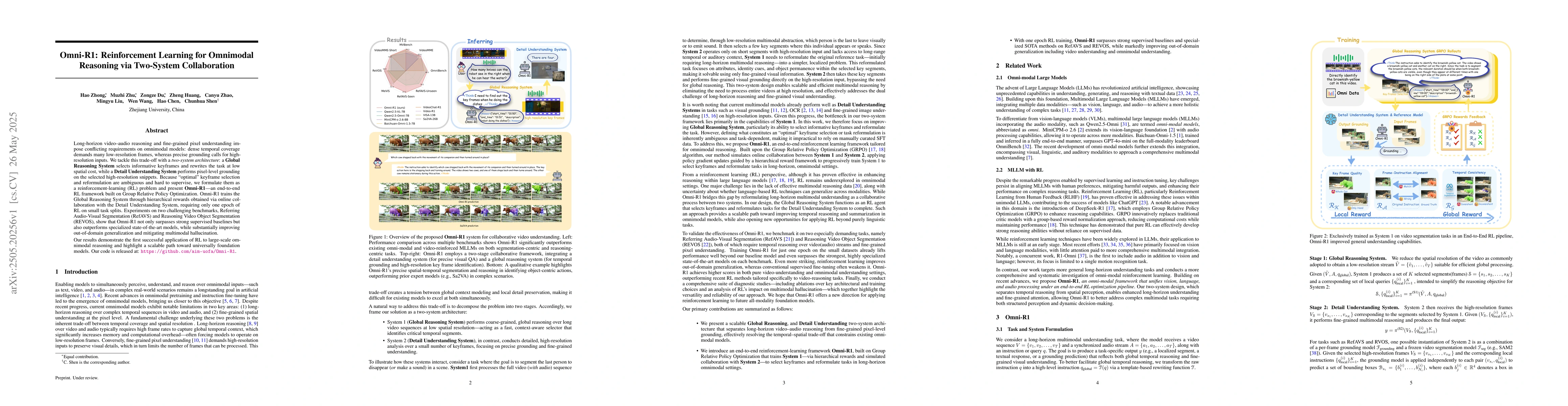 Thumbnail for Omni-R1: Reinforcement Learning for Omnimodal Reasoning via Two-System
  Collaboration