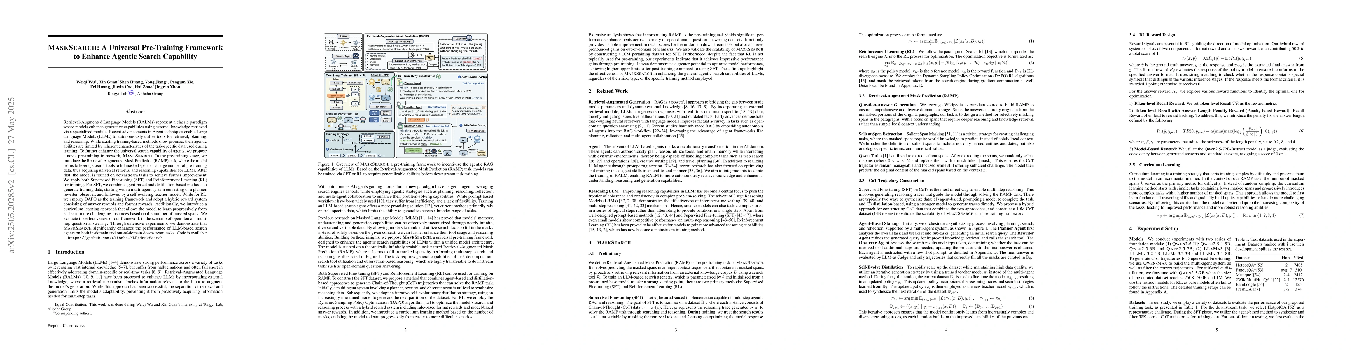 Thumbnail for MaskSearch: A Universal Pre-Training Framework to Enhance Agentic Search
  Capability